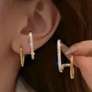 Earrings Trendy Korean Style Rhinestone Stud Gold Double Hook Y2k Glam Sparkle